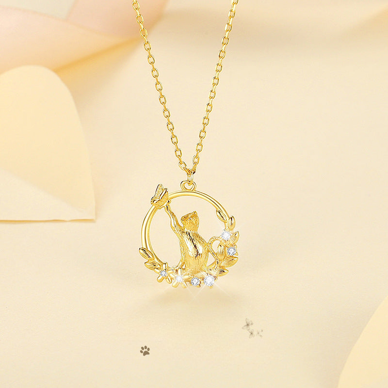 Cat Catching Butterfly Necklace Silver 925