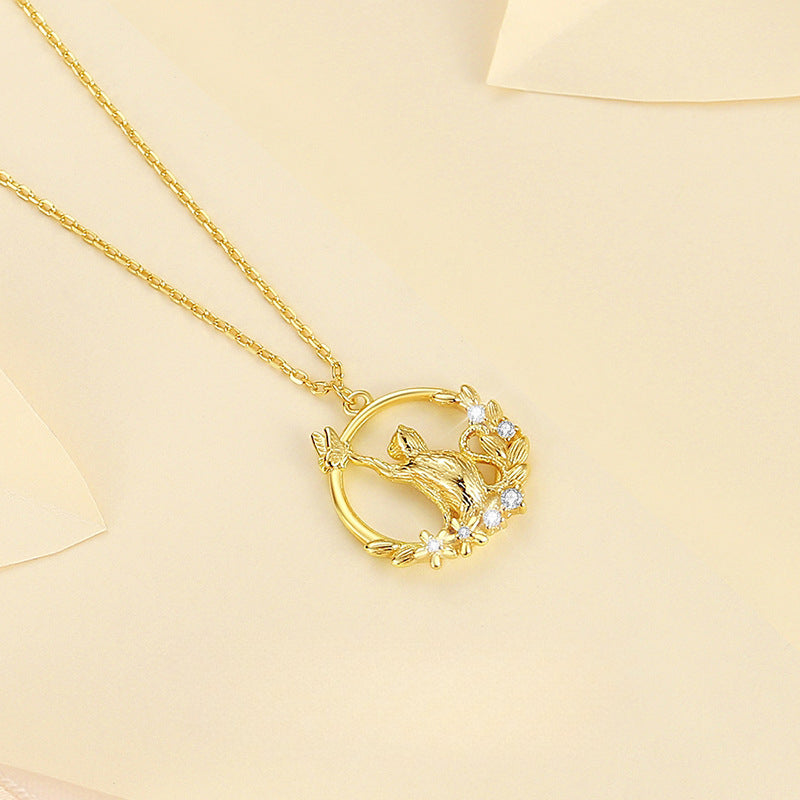 Cat Catching Butterfly Necklace Silver 925