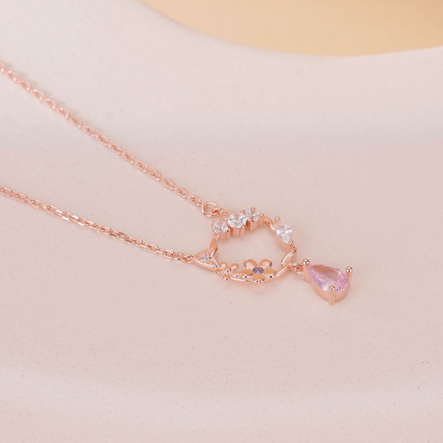 Pink Teardrop Cat Necklace Silver 925