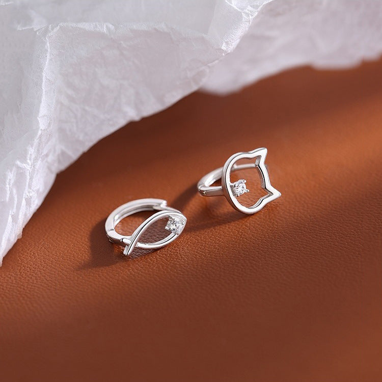 Cat & Fish Earrings Silver 925