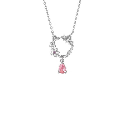 Pink Teardrop Cat Necklace Silver 925