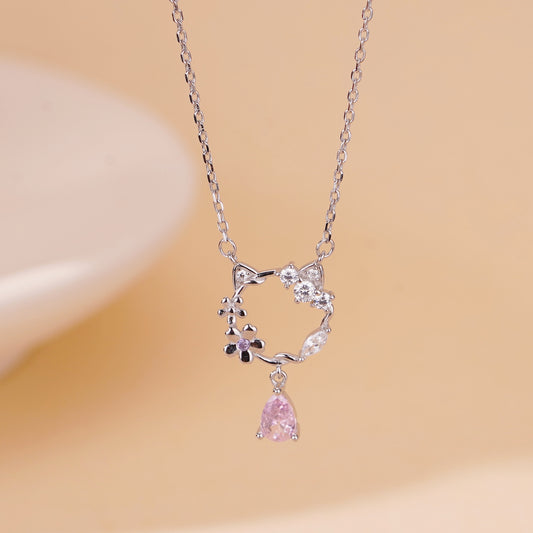 Pink Teardrop Cat Necklace Silver 925