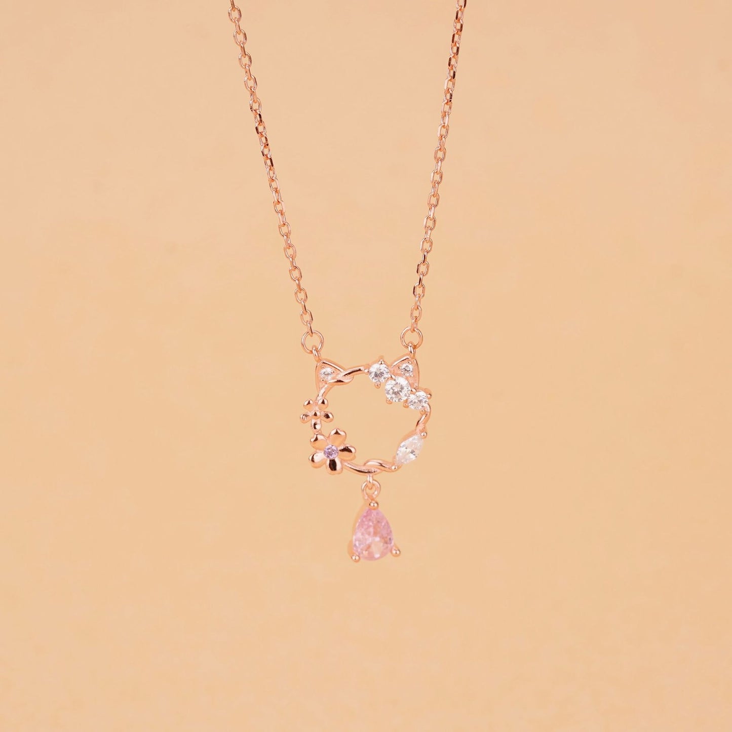 Pink Teardrop Cat Necklace Silver 925