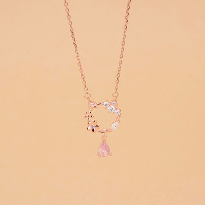 Pink Teardrop Cat Necklace Silver 925