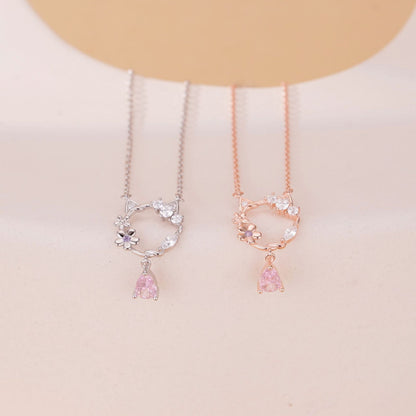 Pink Teardrop Cat Necklace Silver 925