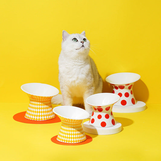 Polka Dot & Rhombus Ceramic Cat Bowl